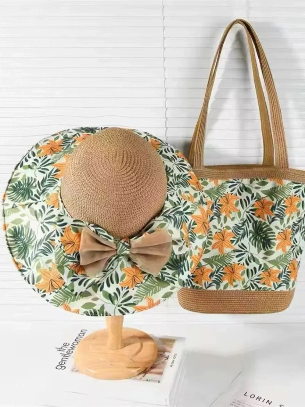 Striped Straw Tote Bag with Blue, Green & Beige Accents